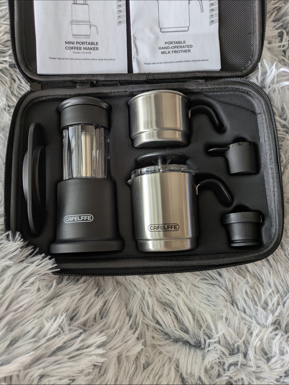 Portable Mini Coffee Maker & Milk Frother Kit - Black and Stainless Steel
